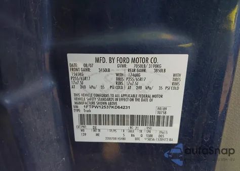 2007 Ford F-150 Fx2/Lariat/Xlt z USA, uszkodzony, nr VIN 1FTPW12537KD64231